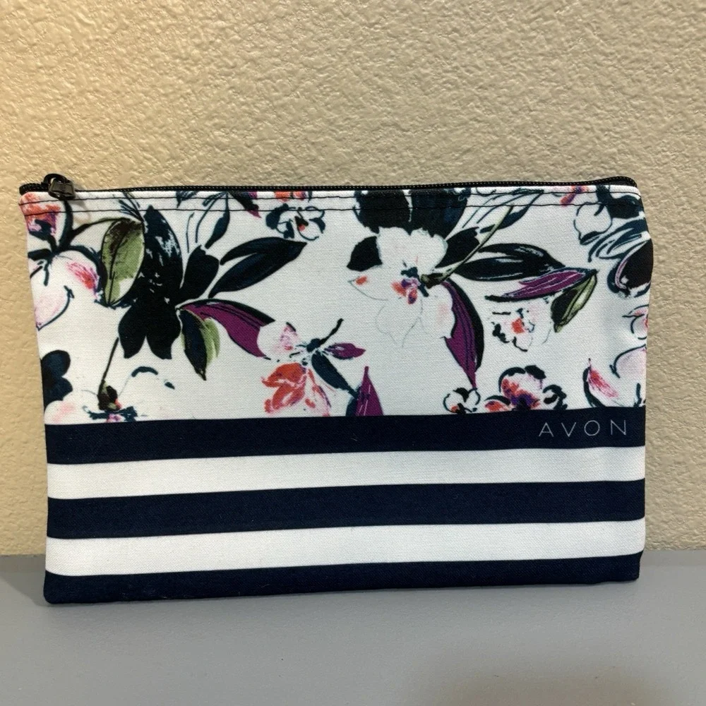 Avon True Color Cosmetic Makeup Bag Floral Stripe Zip Roomy Clean Travel Bag